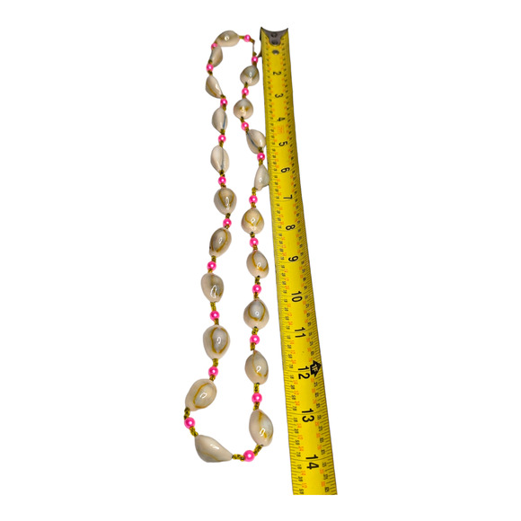 Hawaiian White & Blue Cowrie Sea Shell Necklace with Pink Faux Pearls Vtg - Picture 2 of 6